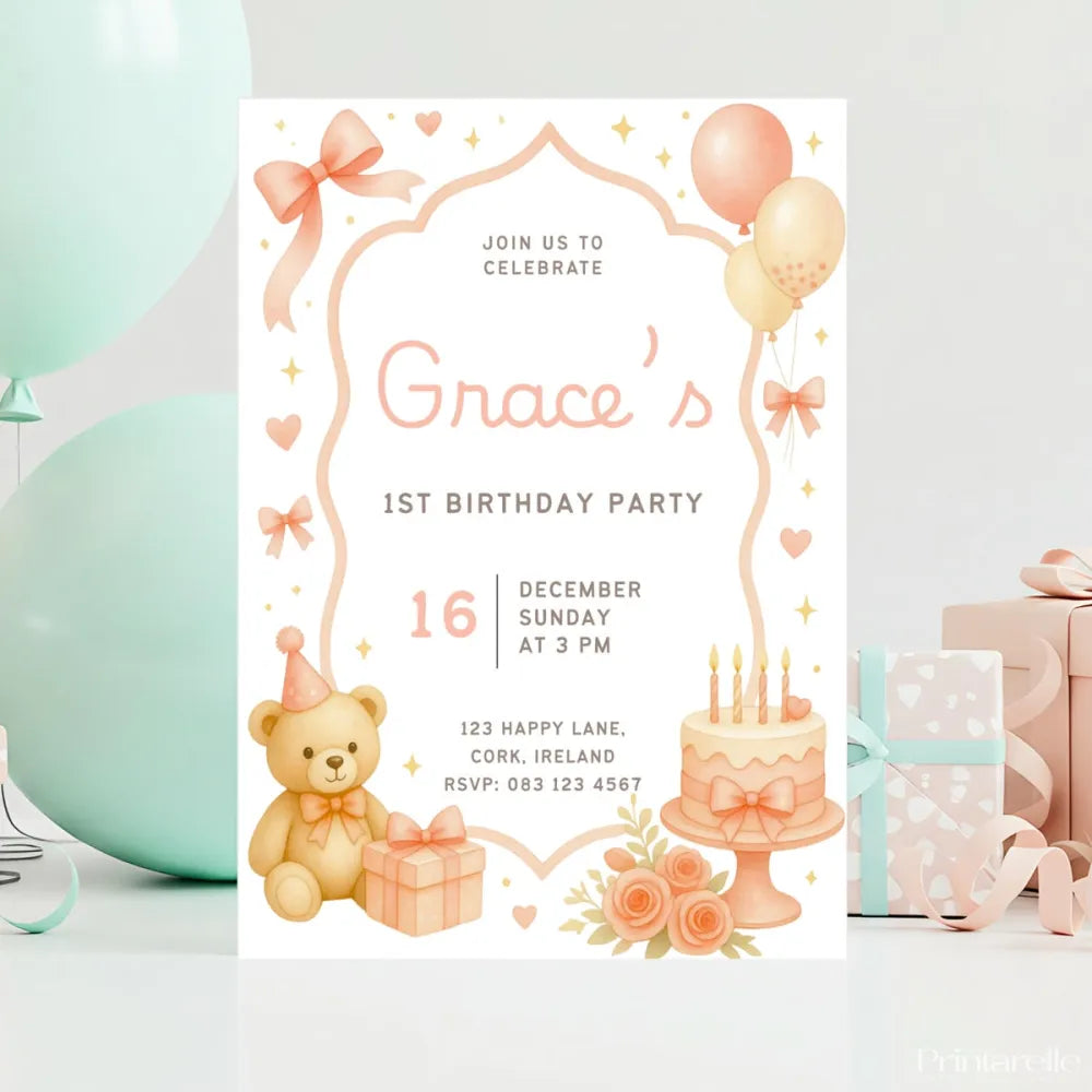 Peach Teddy Bear Roses 1st Birthday Party Invitation - 1st birthday, 1st birthday party, teddy bear, birthday party,