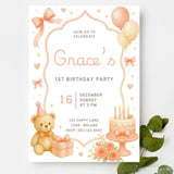Peach Teddy Bear Roses 1st Birthday Party Invitation - 1st birthday, 1st birthday party, teddy bear, birthday party,