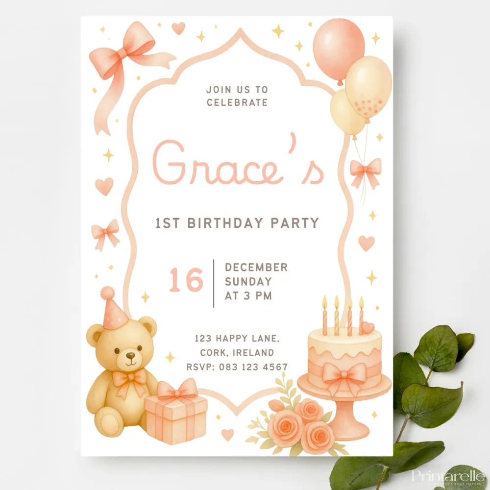Peach Teddy Bear Roses 1st Birthday Party Invitation - 1st birthday, 1st birthday party, teddy bear, birthday party,
