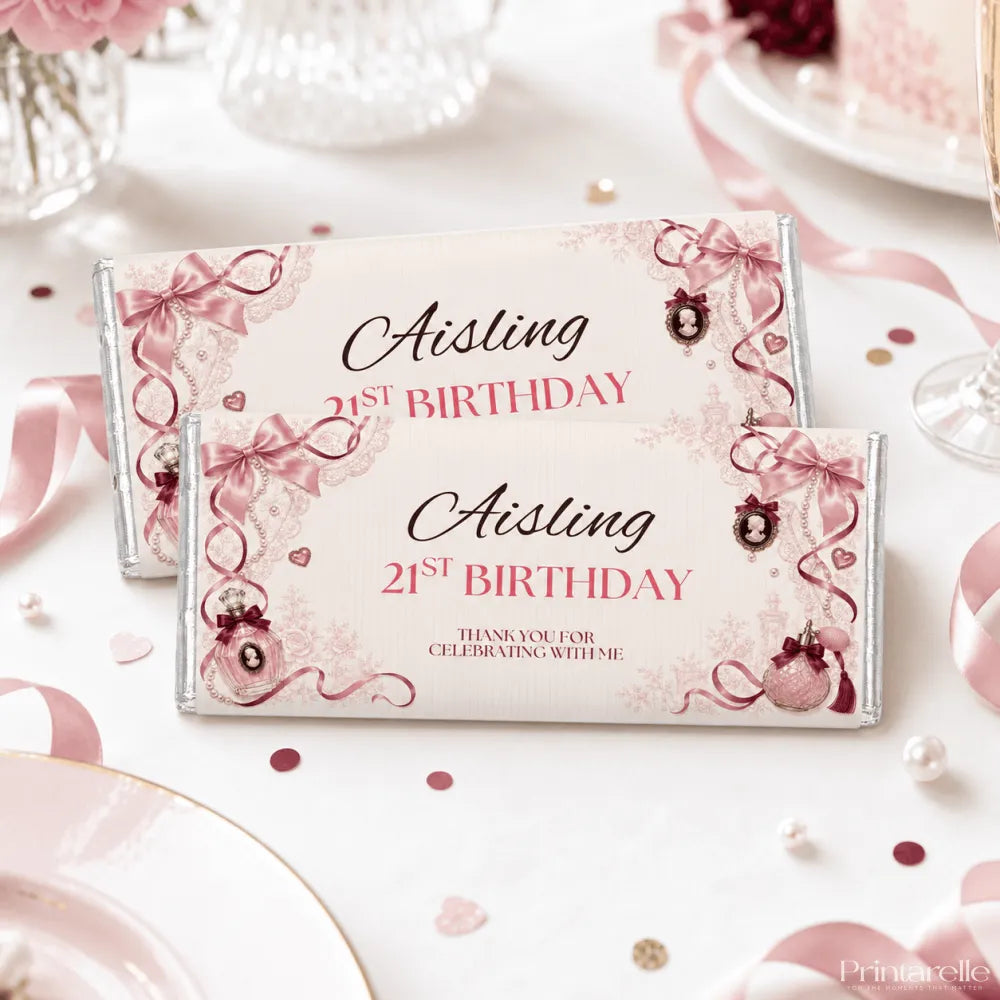 Pink and cream foil wrapped personalised 40g chocolate bar with lace and bows for aisling’s 21st birthday favor