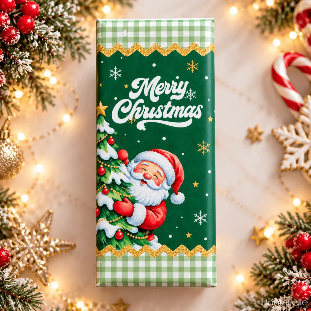 A festive green personalised 100g chocolate bar wrap with santa decorating a tree perfect for christmas eve box gifts