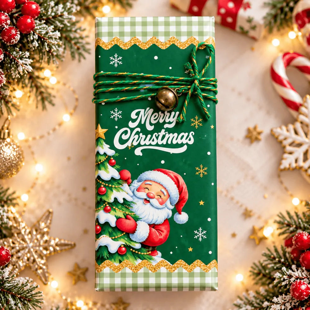 Festive green 100g personalised chocolate bar wrap with santa hugging christmas tree for christmas eve box