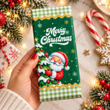 Festive green peekaboo santa chocolate bar wrap with santa decorating tree perfect for christmas eve box treats