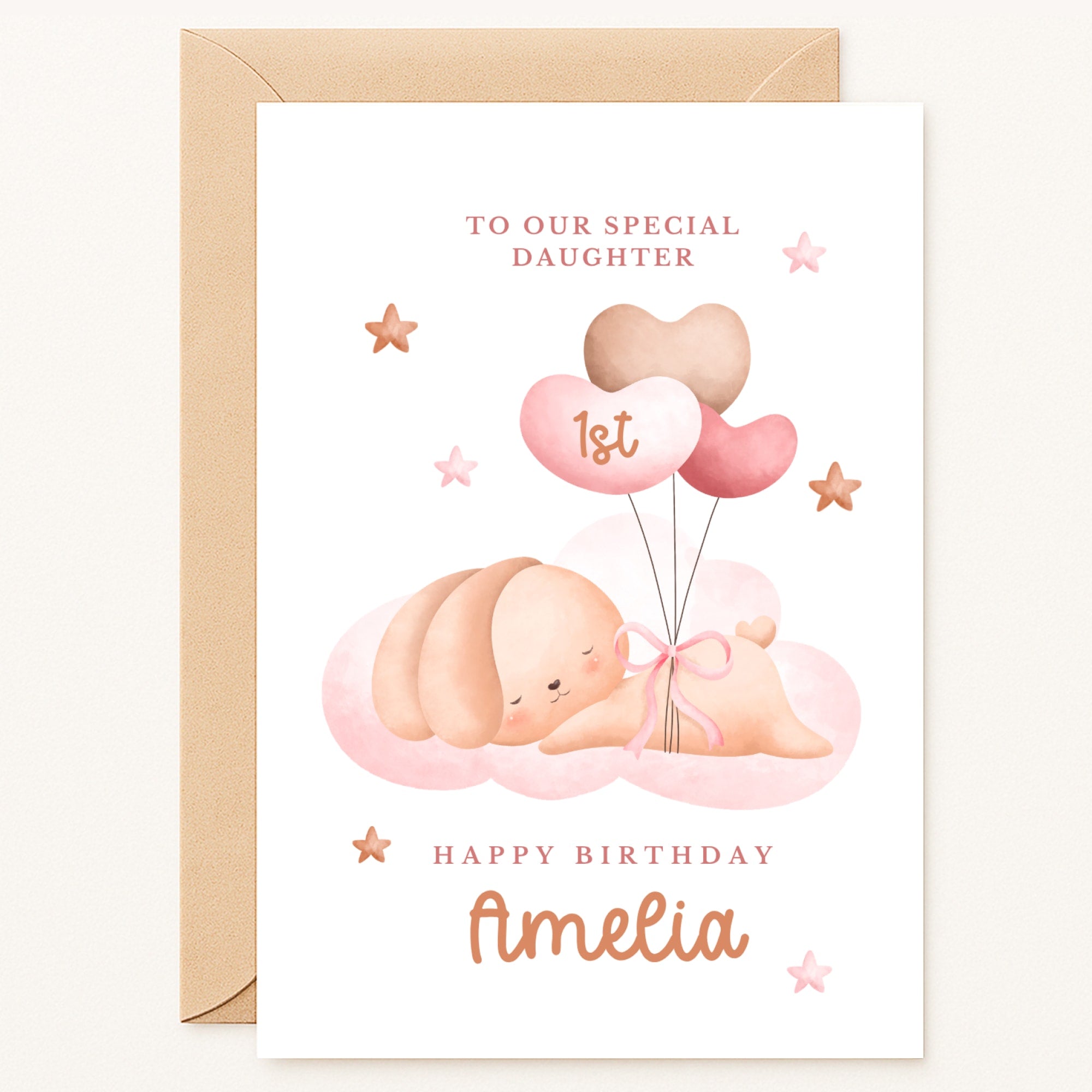 personalised 1st birthday card with name bunny and heart balloons for daughter
