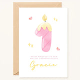 personalised 1st birthday card with name and pink candle design for granddaughter