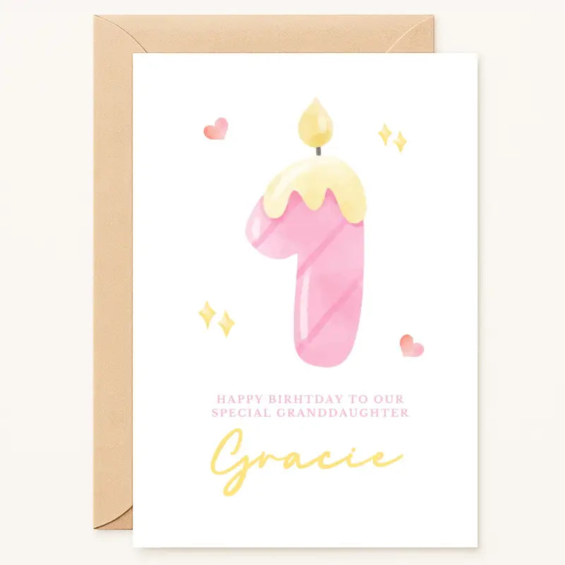 personalised 1st birthday card with name and pink candle design for granddaughter