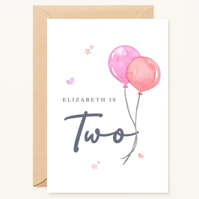 personalised second birthday card with name and two pink balloons