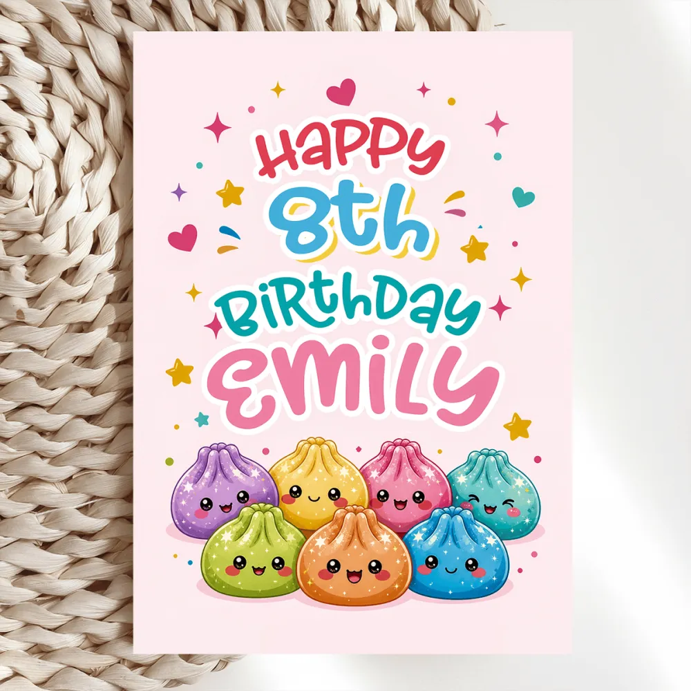 Personalised Age and Name Dumpling Birthday Card - glittery dumplings, blush pink, kids birthdays, kraft envelope,