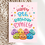 Personalised Age and Name Dumpling Birthday Card - glittery dumplings, blush pink, kids birthdays, kraft envelope,