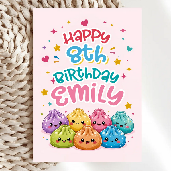 Personalised Age and Name Dumpling Birthday Card - glittery dumplings, blush pink, kids birthdays, kraft envelope,