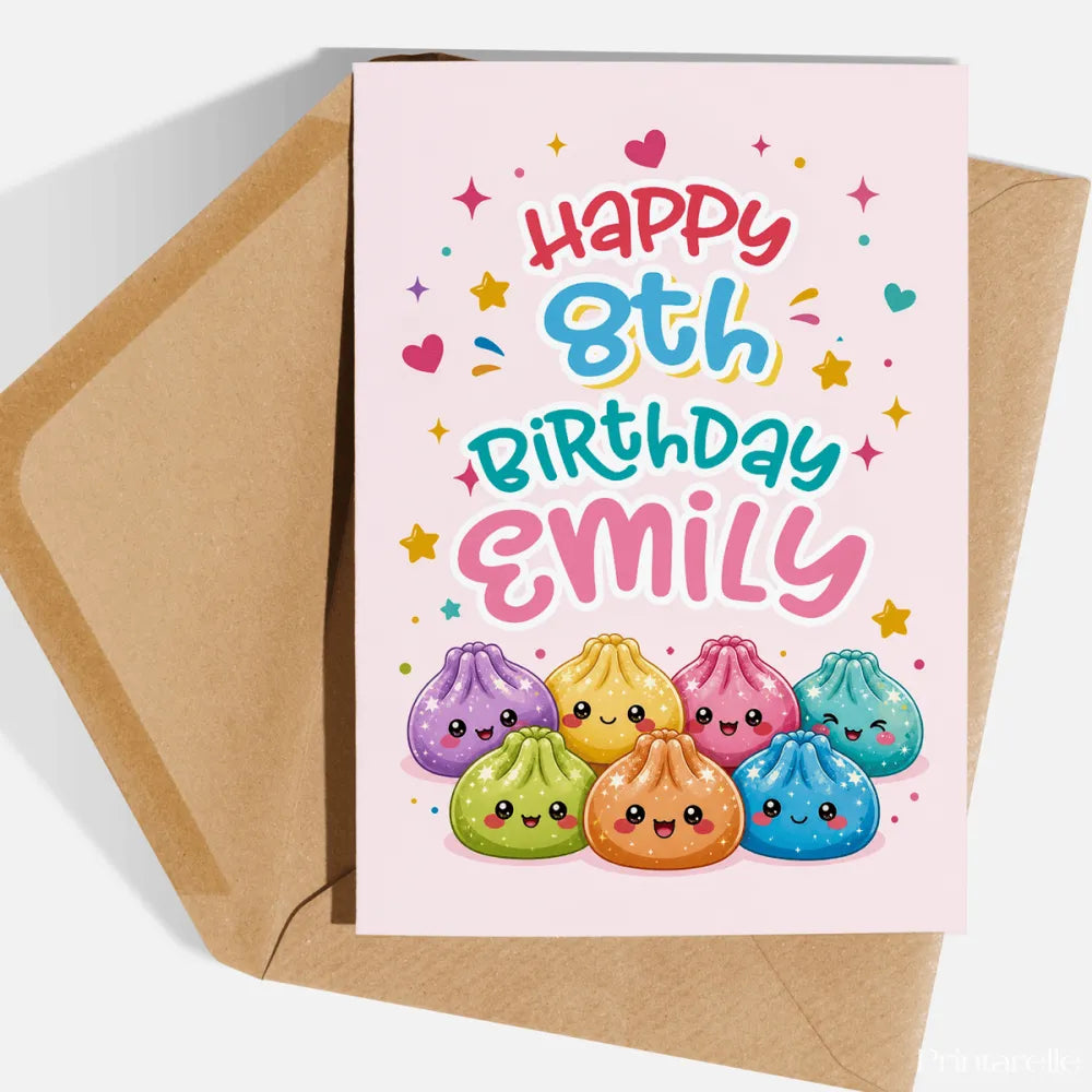 Personalised Age and Name Dumpling Birthday Card - glittery dumplings, blush pink, kids birthdays, kraft envelope,