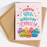 Personalised Age and Name Dumpling Birthday Card - glittery dumplings, blush pink, kids birthdays, kraft envelope,
