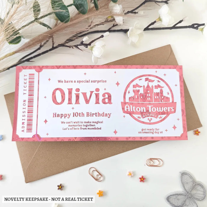 Pink printed admission ticket for olivias 10th birthday at alton towers resort in personalised towers resort birthday gift
