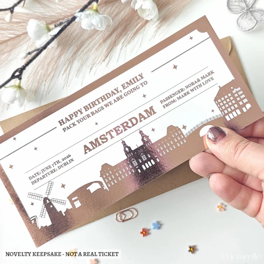 Personalised Amsterdam Holiday Reveal Gift | Any Destination City Skyline - rose gold, red heart foil, personalised