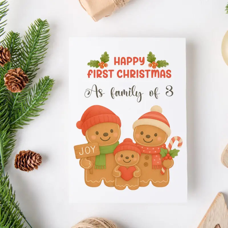 Greeting card with gingerbread family illustration and 'Happy First Christmas' text on a white background with Christmas decorations.