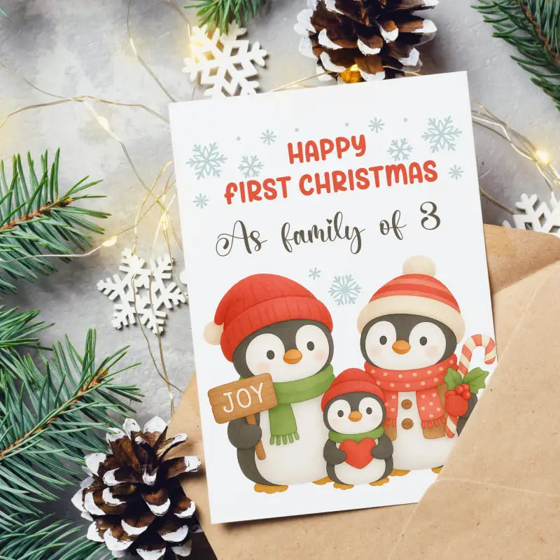 Christmas card with penguins and text 'Happy First Christmas as family of 3' surrounded by festive decorations.