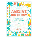 Personalised Beach Birthday Party Invitation – Teal Palm Trees Crabs & Wave Border - teal palm trees, beach birthday,