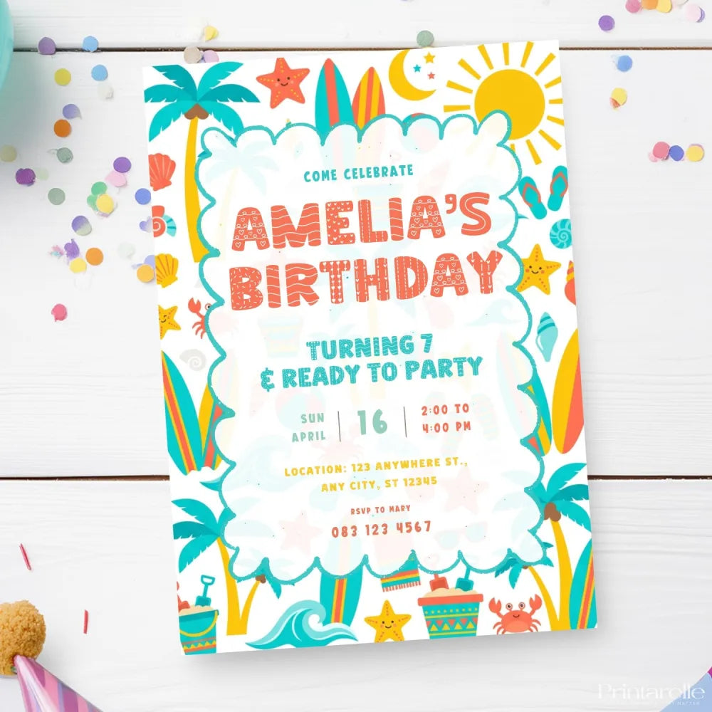 Personalised Beach Birthday Party Invitation – Teal Palm Trees Crabs & Wave Border - teal palm trees, beach birthday,