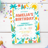 Personalised Beach Birthday Party Invitation – Teal Palm Trees Crabs & Wave Border - teal palm trees, beach birthday,