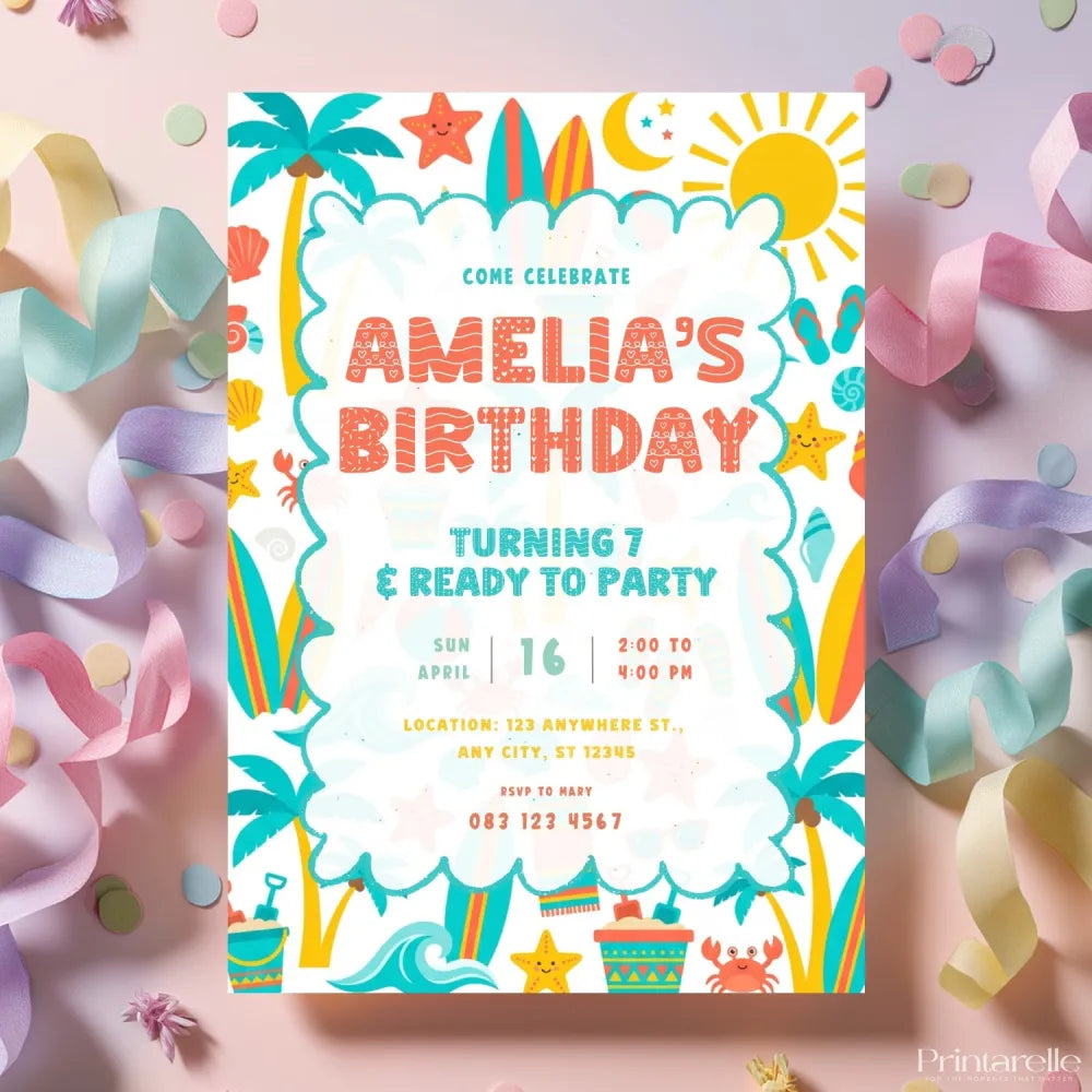 Personalised Beach Birthday Party Invitation – Teal Palm Trees Crabs & Wave Border - teal palm trees, beach birthday,