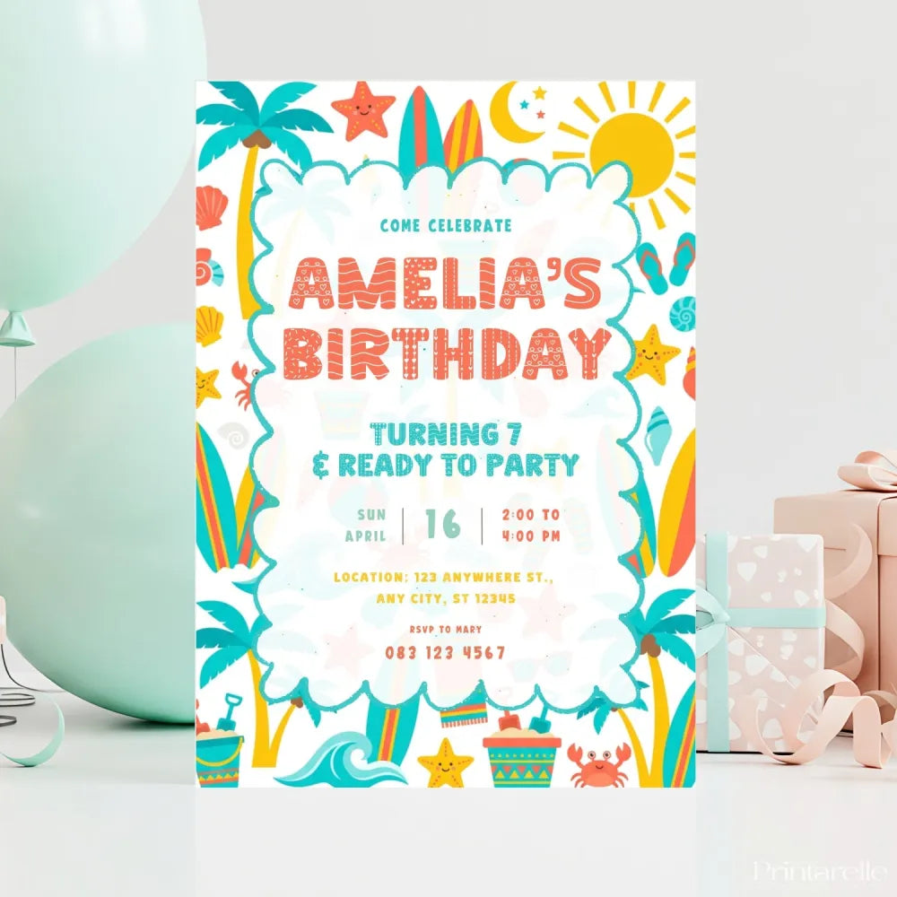 Personalised Beach Birthday Party Invitation – Teal Palm Trees Crabs & Wave Border - teal palm trees, beach birthday,