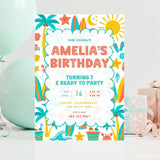 Personalised Beach Birthday Party Invitation – Teal Palm Trees Crabs & Wave Border - teal palm trees, beach birthday,