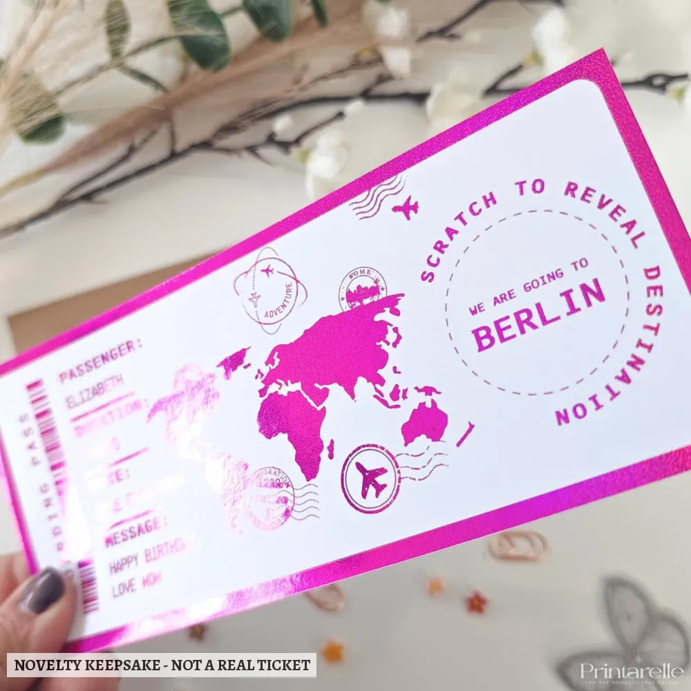 Personalised Berlin Scratch to Reveal Boarding Pass | Holiday Surprise - boarding pass, hot pink holographic, pink