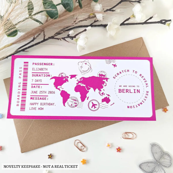 Personalised Berlin Scratch to Reveal Boarding Pass | Holiday Surprise - boarding pass, hot pink holographic, pink