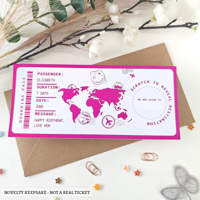 A vibrant hot pink holographic scratch-to-reveal berlin boarding pass with a world map and destination area keepsake