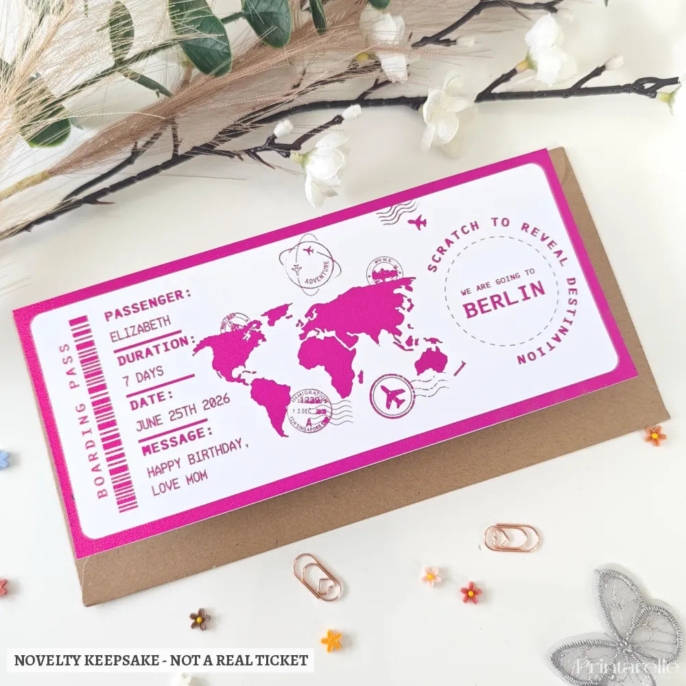 Personalised Berlin Scratch to Reveal Boarding Pass | Holiday Surprise - boarding pass, hot pink holographic, pink