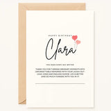 Celebrate birthdays with a personalised card featuring their name, heartfelt message & cute heart balloons | A6 or A5 | Perfect for making them smile.