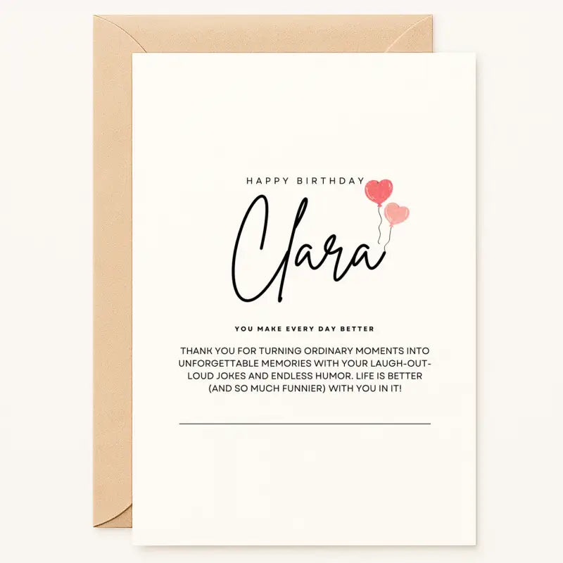 Celebrate birthdays with a personalised card featuring their name, heartfelt message & cute heart balloons | A6 or A5 | Perfect for making them smile.