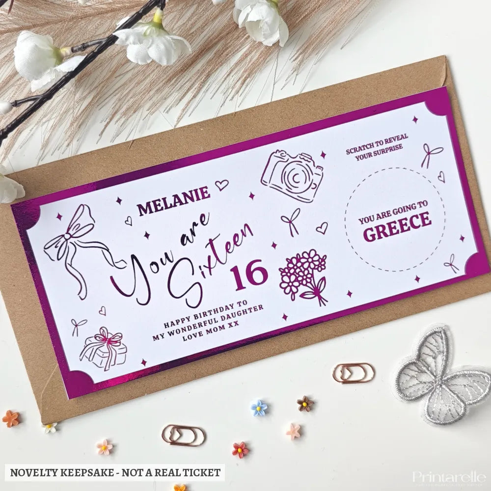 Personalised Birthday Scratch-to-Reveal Ticket for 16th Birthday - personalised birthday, hot pink, personalised