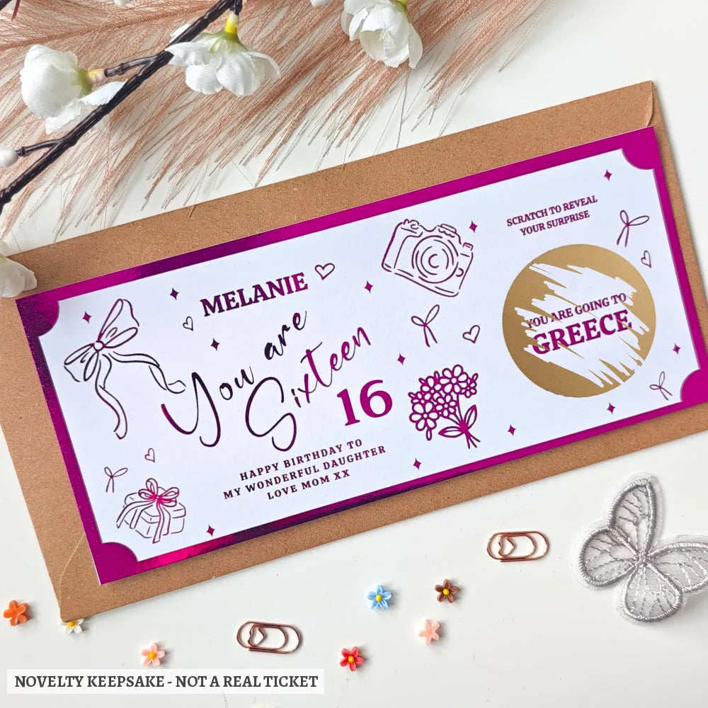 Personalised Birthday Scratch-to-Reveal Ticket for 16th Birthday - personalised birthday, hot pink, personalised