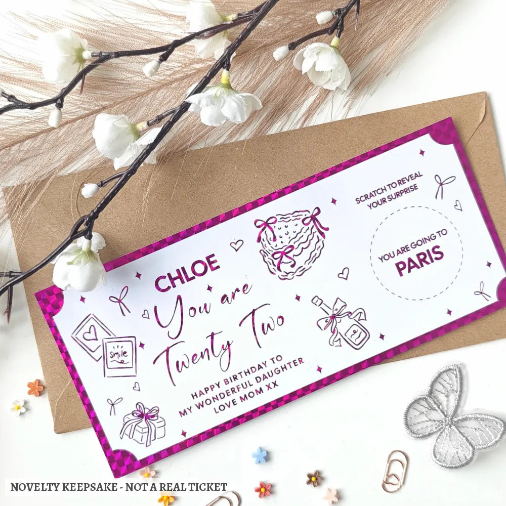 Personalised Birthday Scratch-to-Reveal Ticket | Daughter Birthday Ticket - hot pink holographic, personalised