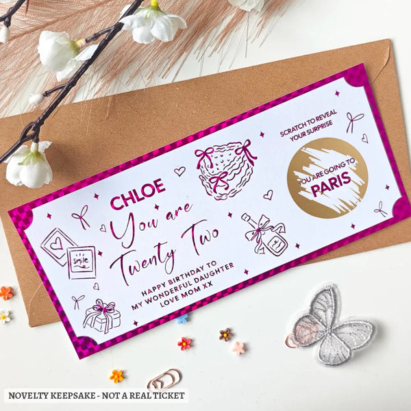 Personalised pink and white birthday scratch-to-reveal keepsake card for chloe with gold paris reveal and gift illustrations