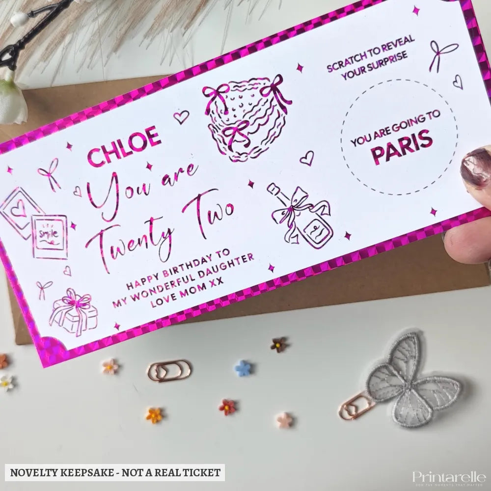 Personalised Birthday Scratch-to-Reveal Ticket | Daughter Birthday Ticket - hot pink holographic, personalised