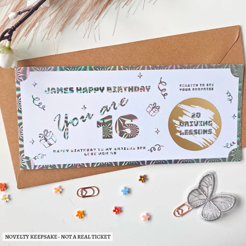 Personalised Birthday Scratch-to-Reveal Ticket | Driving Lessons Voucher - driving lessons, holographic silver,