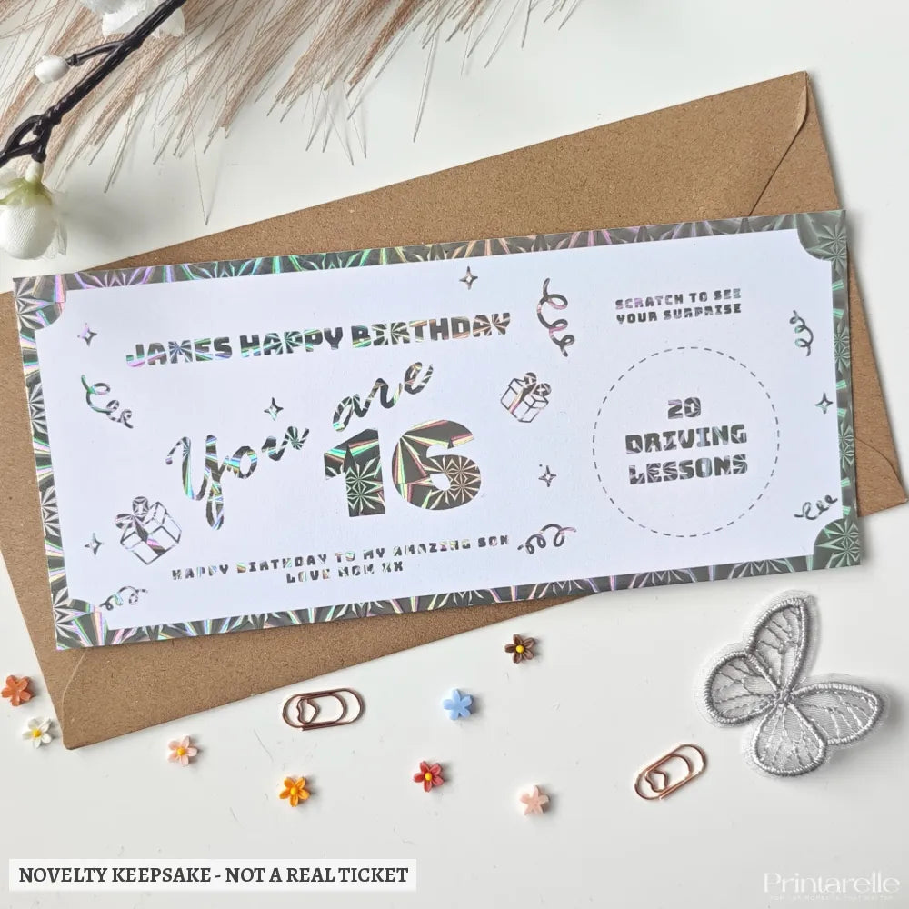 Personalised Birthday Scratch-to-Reveal Ticket | Driving Lessons Voucher - driving lessons, holographic silver,