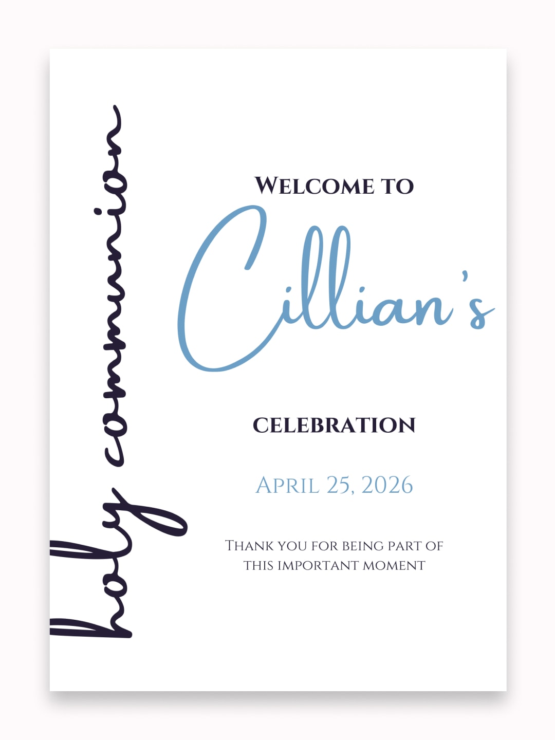 Personalised Blue Script First Holy Communion Welcome Sign - Party Decor - Printarelle