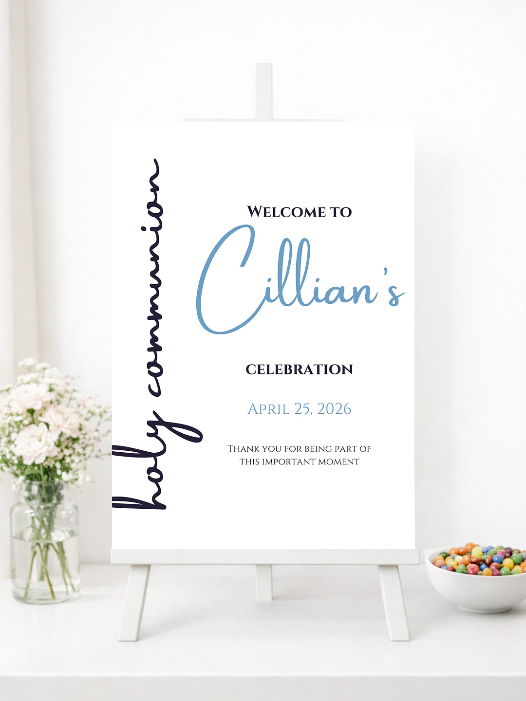Personalised Blue Script First Holy Communion Welcome Sign - Party Decor - Printarelle