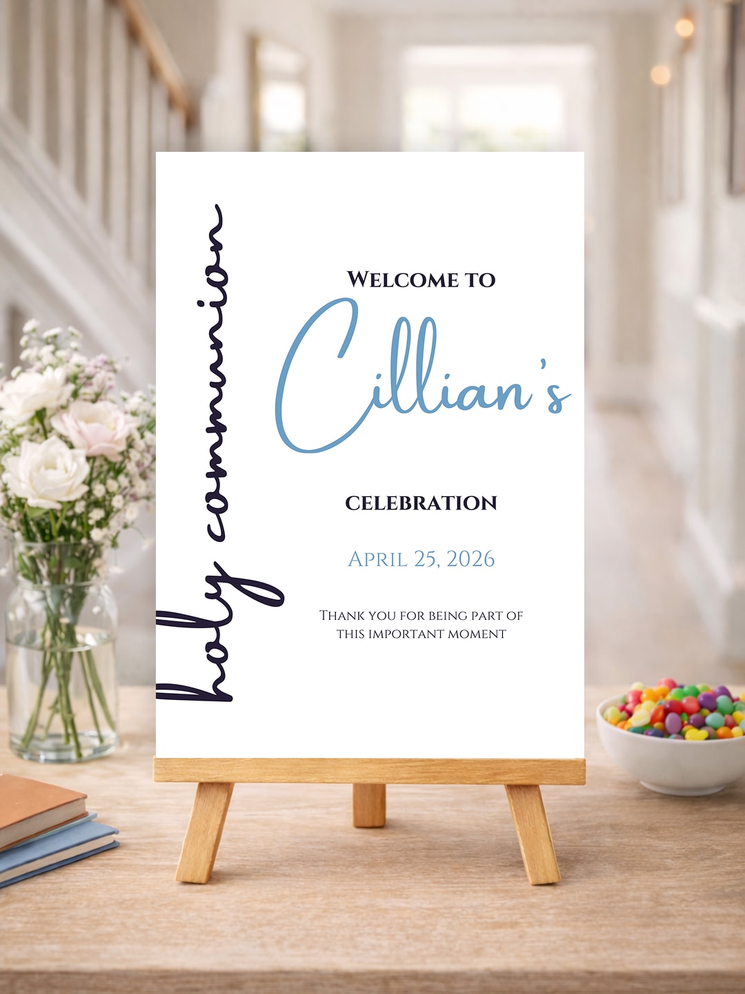 Personalised Blue Script First Holy Communion Welcome Sign - Party Decor - Printarelle