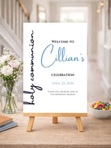 Personalised Blue Script First Holy Communion Welcome Sign - Party Decor - Printarelle