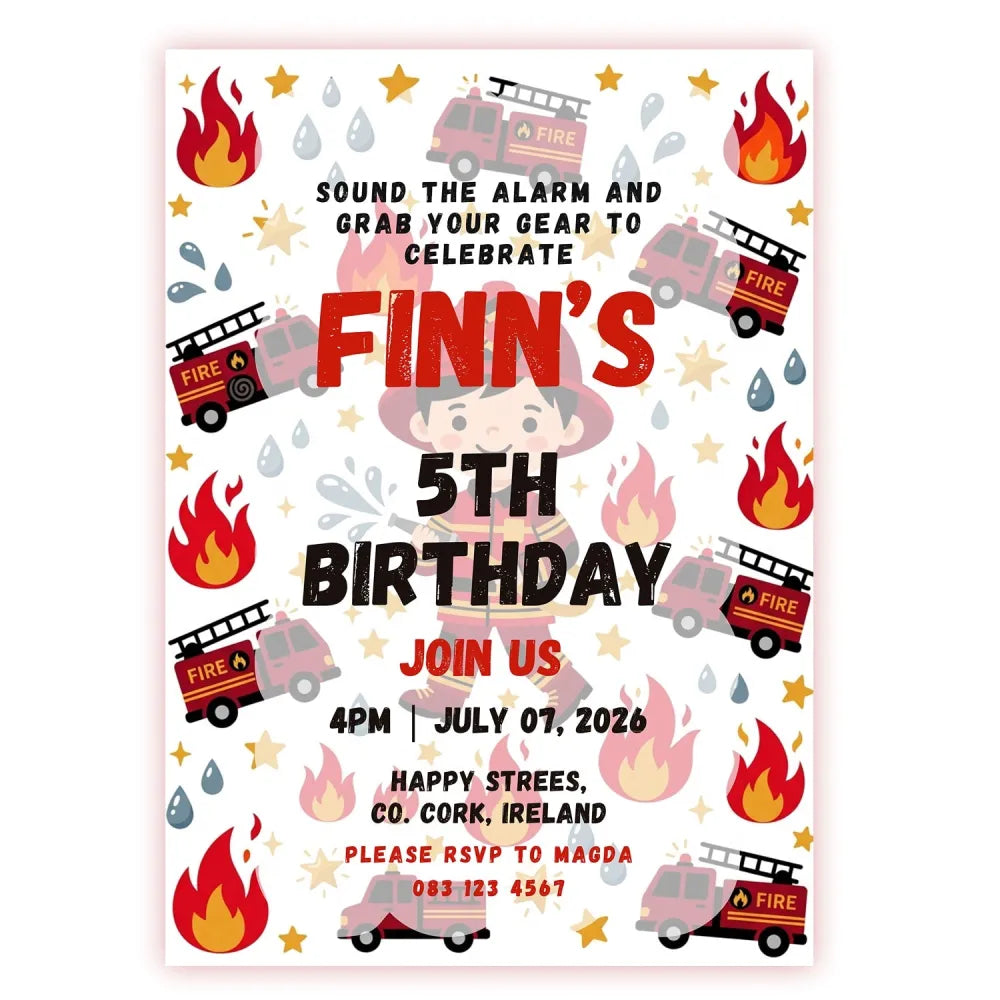 Personalised Boy Firefighter Birthday Party Invitation Cards - boy firefighter, boy firefighter birthday, firefighter