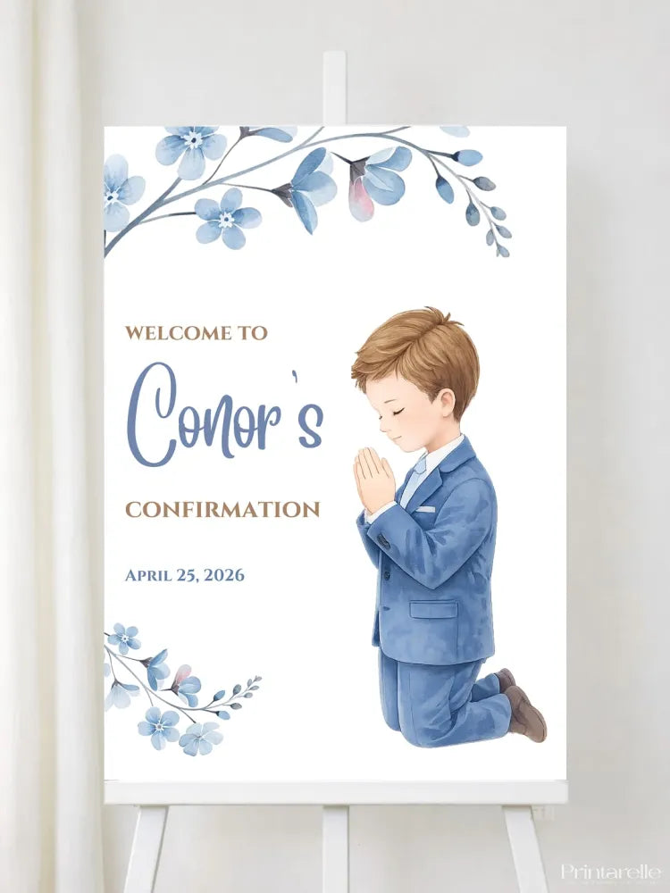 Personalised Boy Praying Confirmation Welcome Sign - Party Decor - Printarelle