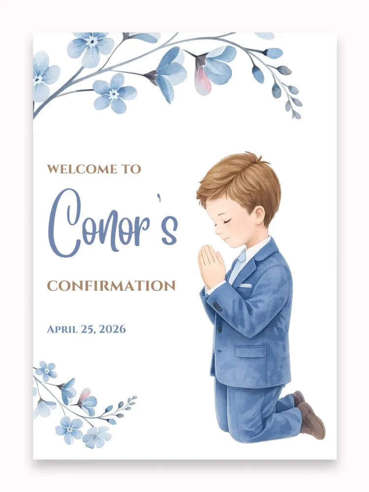 Personalised Boy Praying Confirmation Welcome Sign - Party Decor - Printarelle