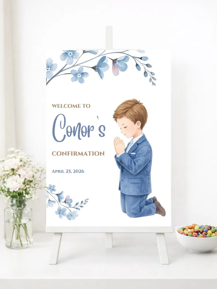 Personalised Boy Praying Confirmation Welcome Sign - Party Decor - Printarelle