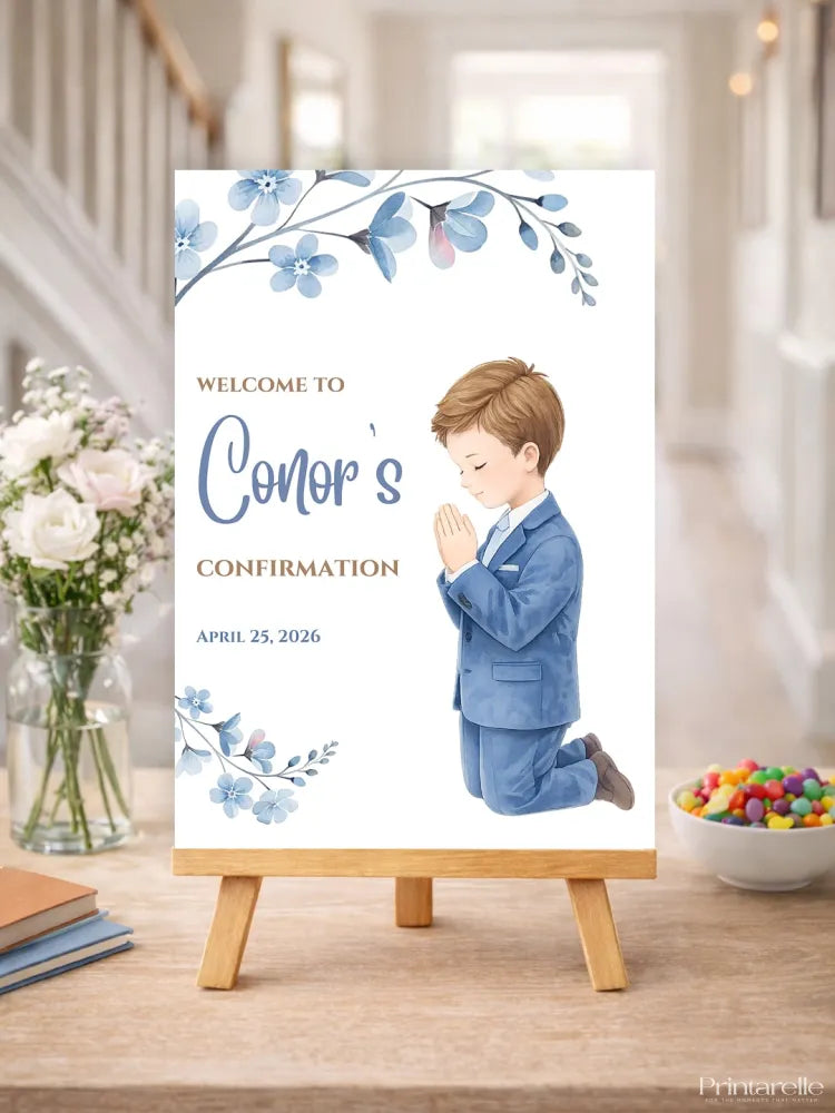 Personalised Boy Praying Confirmation Welcome Sign - Party Decor - Printarelle