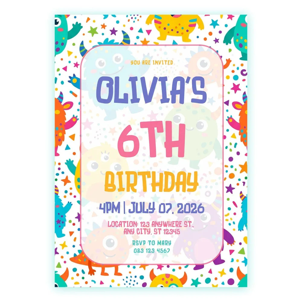 Personalised Bright Monster Birthday Party Invitation – Bold Colourful Creatures Design - monster mayhem, monster