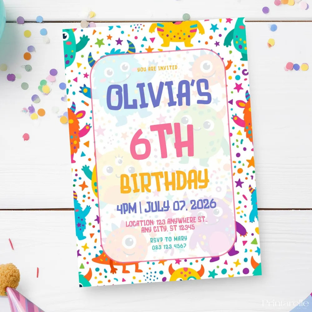 Personalised Bright Monster Birthday Party Invitation – Bold Colourful Creatures Design - monster mayhem, monster